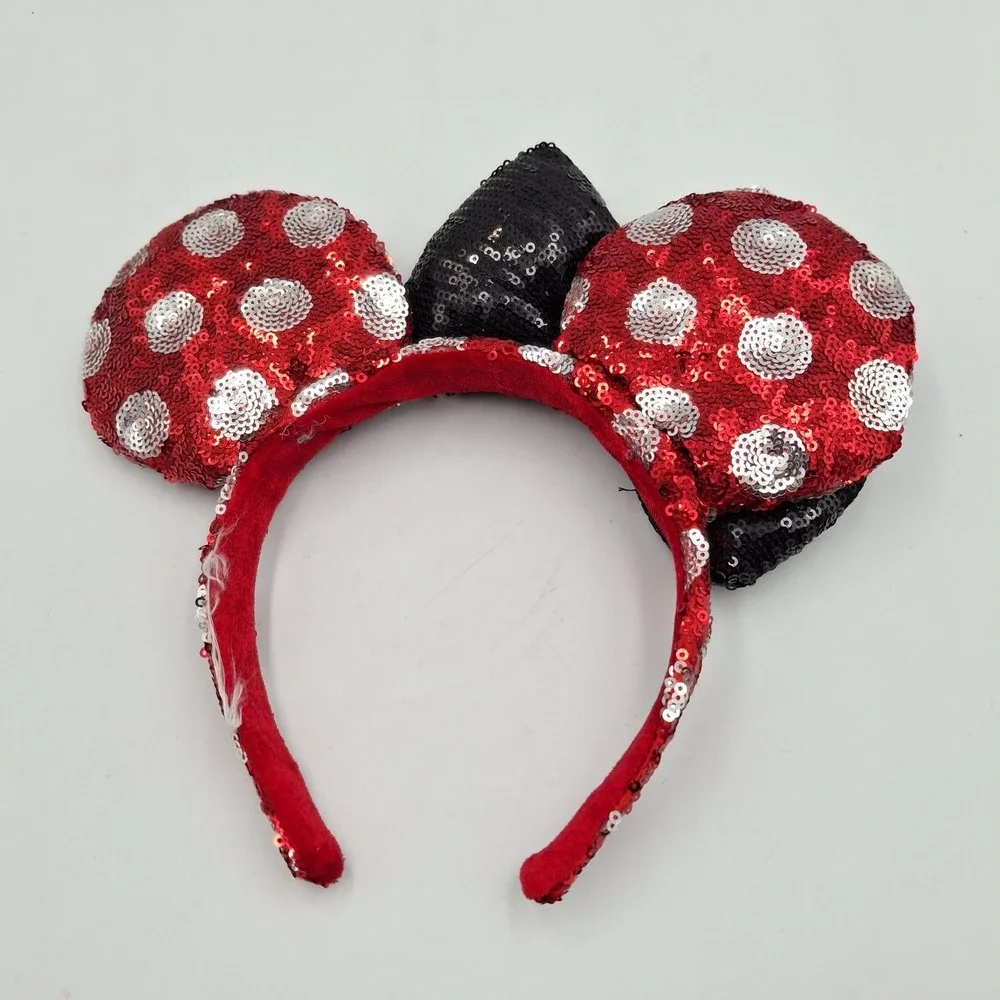 Lot of 2 Disney Parks Minnie Mouse Sequin Ear Headbands Red Polka Dot & Silver
